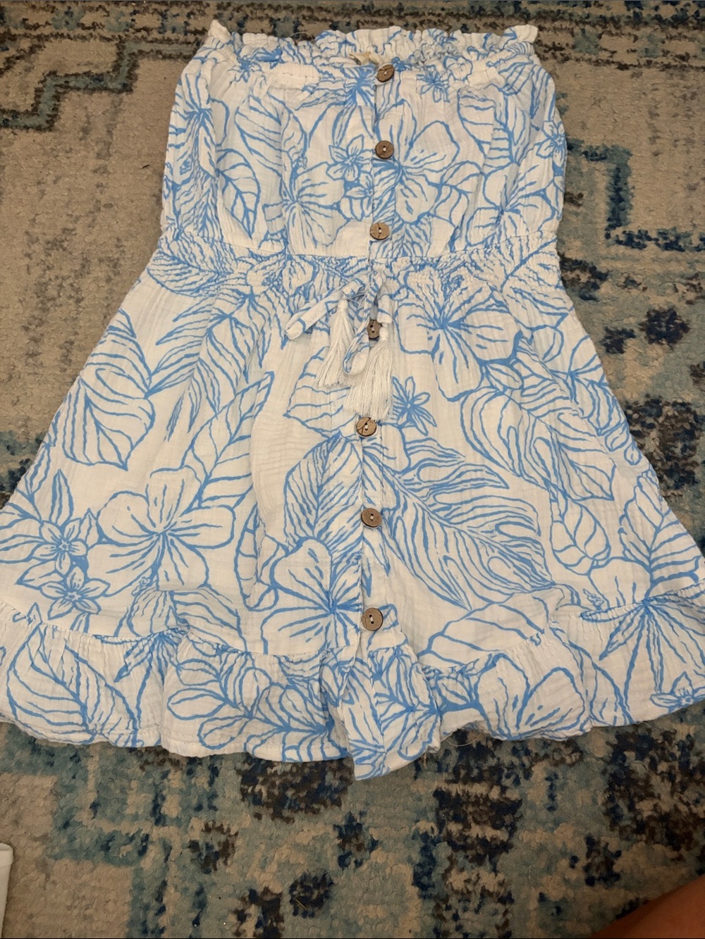 White and Light Blue Floral Button-Front Dress